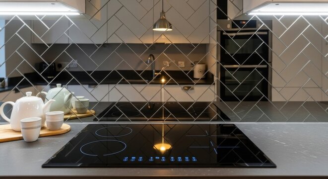 Sleek induction cooktop reflects soft light from a modern herringbone tile backsplash in a contemporary kitchen interior