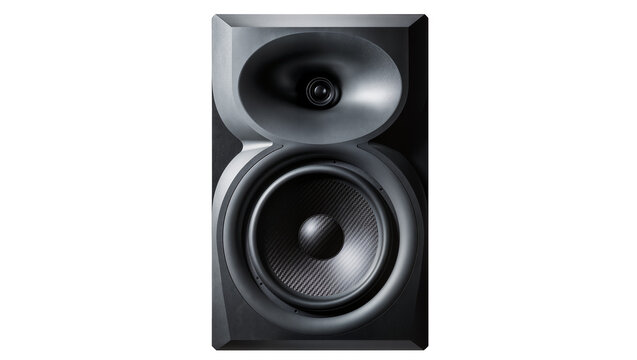 Modern black studio monitor speaker with ribbed woofer, isolated on transparent background