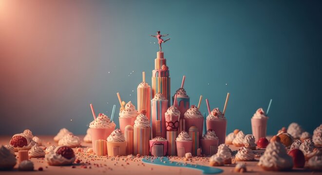 Ballet Dancer Perched Atop A Whimsical Dessert Skyscraper Surrounded By Sweet Treats