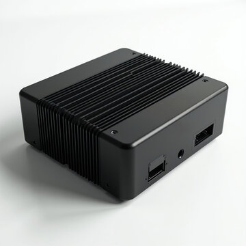 Black mini computer box with cooling fins. Compact server unit sits on clean white surface. Modern tech hardware for data processing. Smart network module with ports.