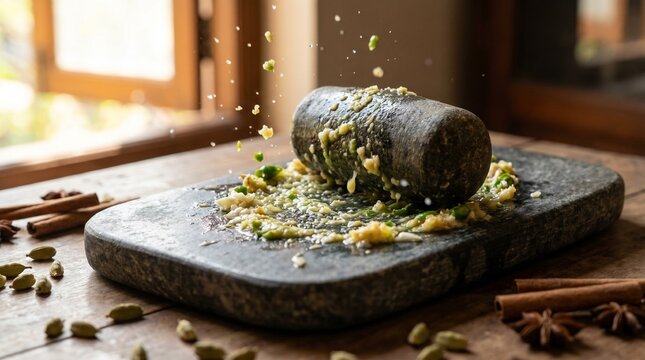 Mortar and pestle with green herbs on kitchen table