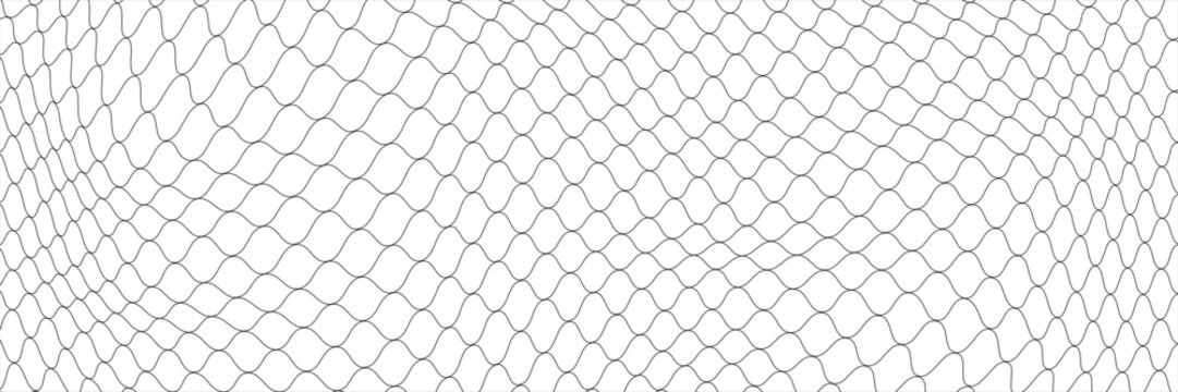 Fishing or soccer net. Repeated hexagon pattern. Black wired mesh texture isolated on white background. Metallic or fabric fence, cage or lattice structure. Vector graphic Illustration.