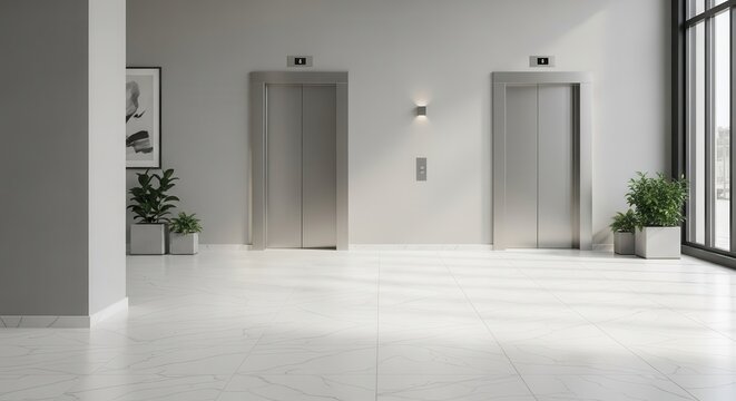Two modern brushed steel elevators stand side by side in a bright contemporary building lobby with minimalist lighting.