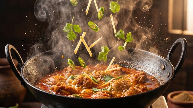 Sizzling stir fry with herbs in a wok