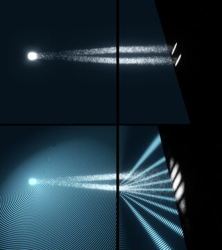 Accurate visualization of Young&rsquo;s double-slit experiment showing photon interference, wave behavior, diffraction, and light propagation &mdash; ideal for science education and research media.