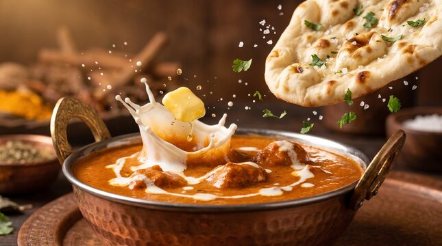 Delicious butter chicken curry with naan bread