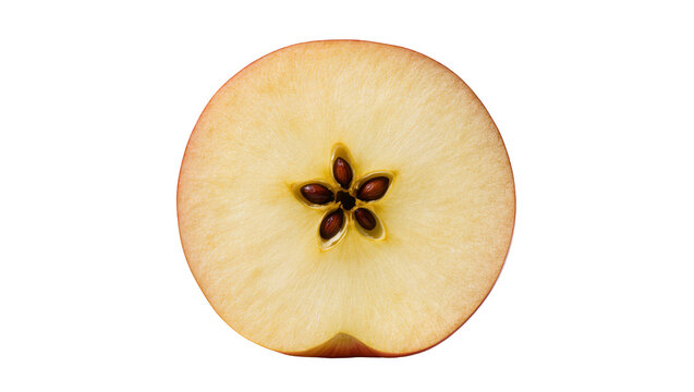Cross section of a red apple showing seeds and flesh, isolated on transparent background