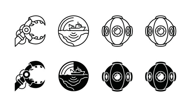 Marine technology icons set with robotic claw sonar ship deep-sea submersible designs technology