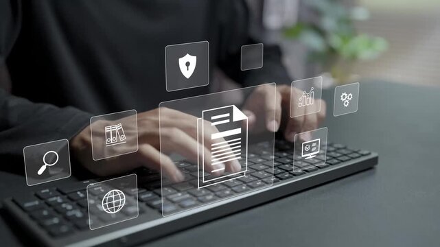 Document management system with AI concept. Person typing keyboard with artificial intelligence and document workflow icons, smart file organization, automated data processing and digital management.