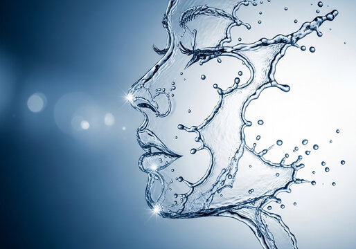 Abstract water splash forming human face profile in motion with dynamic lighting and blue background