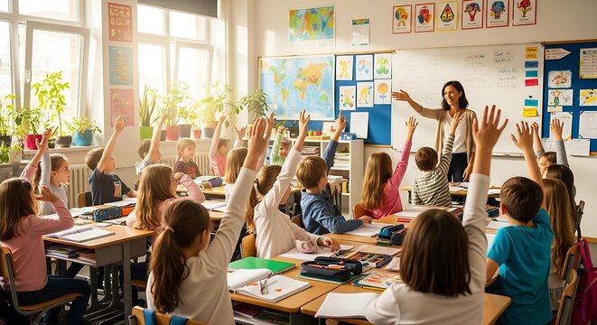 Education, question with group of children in classroom and raise their hands to answer. Learning or support, diversity and teacher teaching with young students in class of school building together