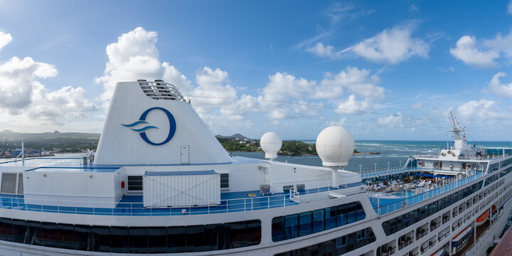 MS Insignia cruise ship owned by Oceania Cruises docked at Puerto Plata, Dominican Republic. Sister ship to Oceania Regatta, Oceania Nautica, and Oceania Sirena.