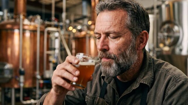 Static shot of middle aged man tasting craft beer in brewery with copper fermentation tanks and glass