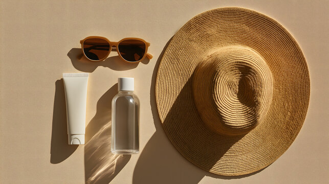 Summer Beach Accessories with Hat Sunglasses Sunscreen and Bottle