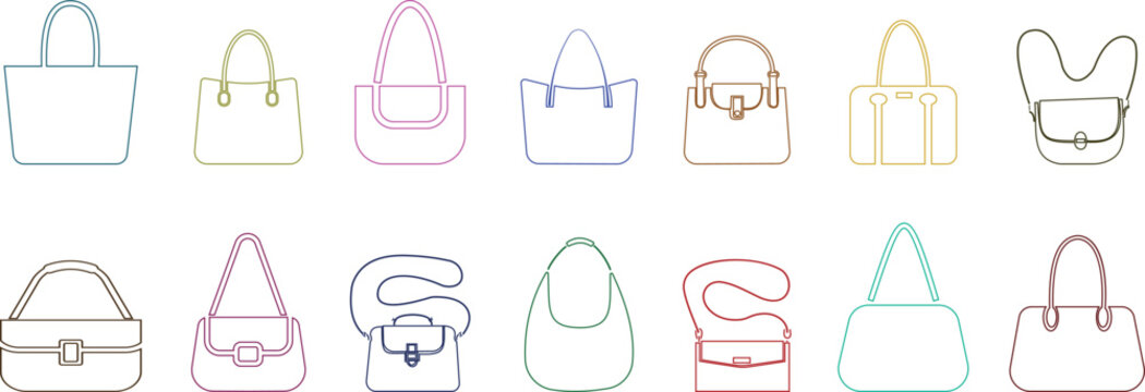 Women handbag icons set collection with purse bag tote clutch shoulder styles in flat and line design, fashion accessory outline illustration group for shopping retail UI branding