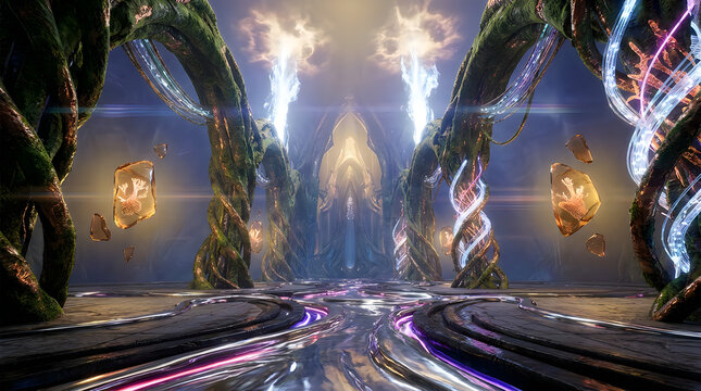 Mystical Alien Architecture Interior Bioluminescent 
Vines Glowing Floor Symmetrical Digital Art CGI