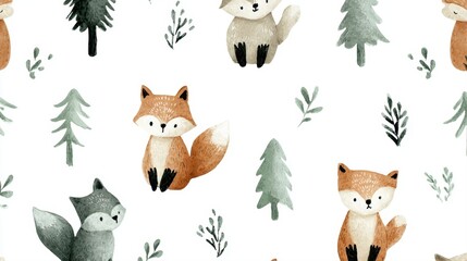 Fototapeta premium Cute watercolor woodland fox seamless pattern with sweet forest animals pine trees and green branches for nursery wallpaper baby shower background fabric textile wrapping paper design