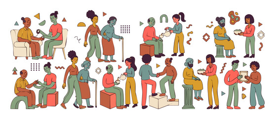 Fototapeta premium Elderly care vector illustration set of young volunteers helping senior citizens with daily activities in flat retro outline style, social support and geriatric community assistance concept.