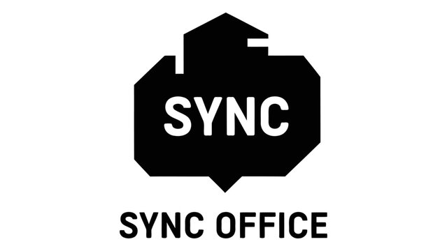 Minimalist logo design for sync office, featuring a geometric houseshaped icon with the word sync inside, isolated on wh