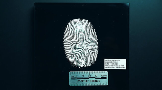 Fingerprint on forensic evidence card with label