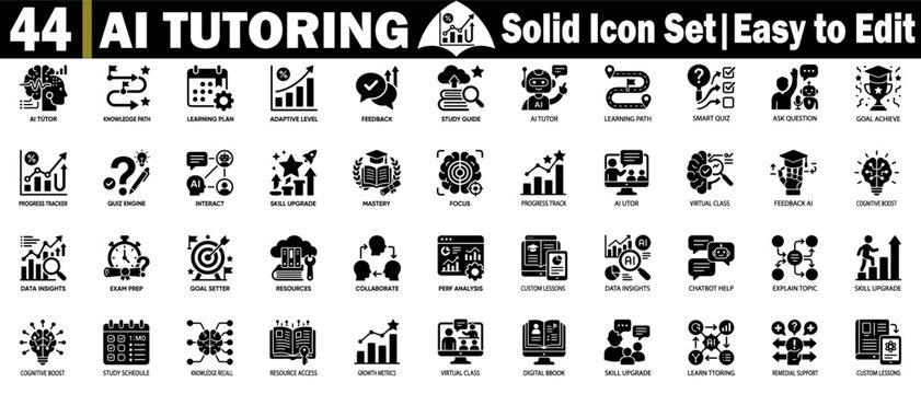 Ai tutoring solid icon set. Representing educational growth, smart learning systems, digital training modules, and design style.