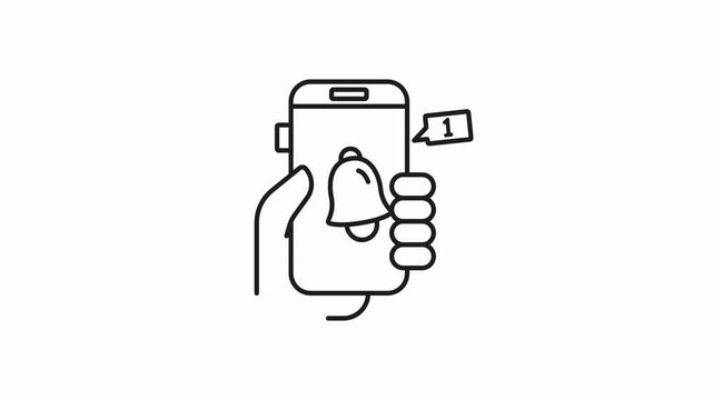 Line art illustration of a hand holding a smartphone displaying a notification bell icon with a new message alert, representing digital communication and mobile updates