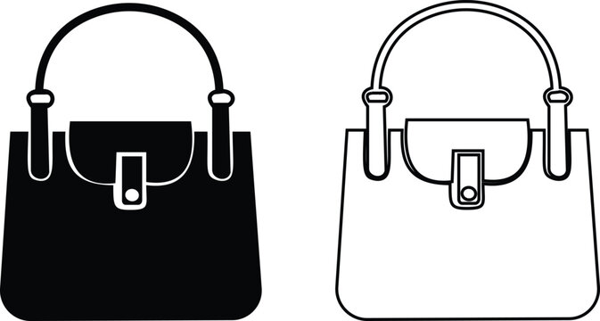 Women handbag icons set collection with purse bag tote clutch shoulder styles in flat and line design, fashion accessory outline illustration group for shopping retail UI branding