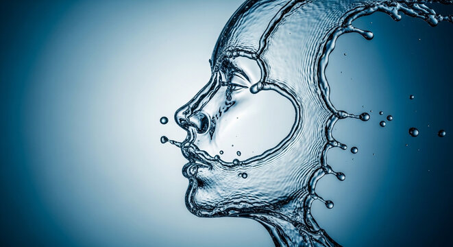 Close-up of a human face made of water with bubbles and ripples, abstract and artistic representation of fluidity and emotion, cool blue tones, hig...