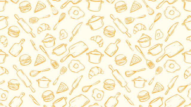 Seamless pattern of kitchen utensils and food on cream background