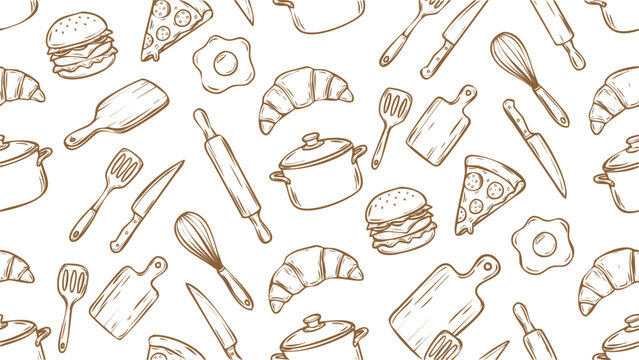 Brown line drawings of kitchen utensils and food, pattern background.