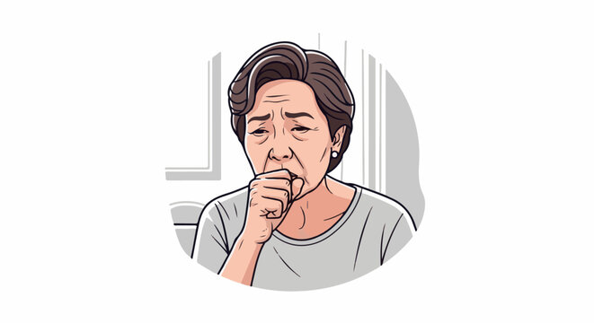 Illustration of an elderly woman coughing into her hand, looking unwell