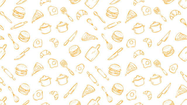 Seamless pattern of golden food icons on including burgers, pizza, eggs, and kitchen tools, pattern background.