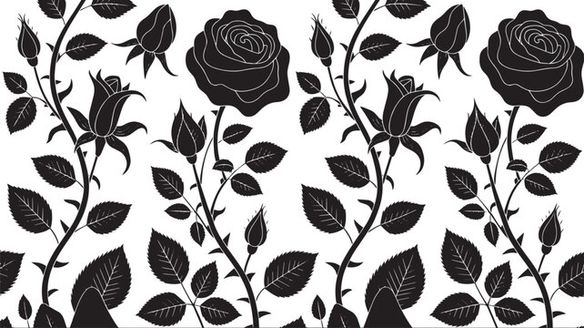 Vintage Damascus Seamless Rose Pattern Black and White Gothic Floral Vector Background