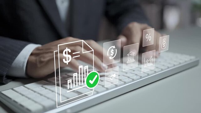 Business financial approval management concept. Person typing keyboard with finance document and verification icons, payment approval, budget control and accounting workflow.