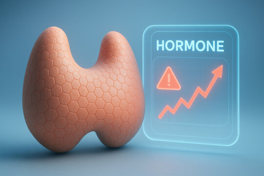 Serious depiction of thyroid gland with holographic interface showing hormone alert. medical concept for hyperthyroidism monitoring and endocrinology health on blue background