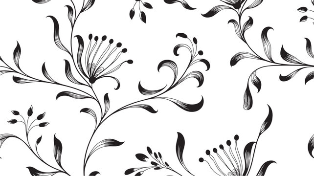 Vintage Chintz Seamless Floral Pattern Black and White Botanical Vector Background