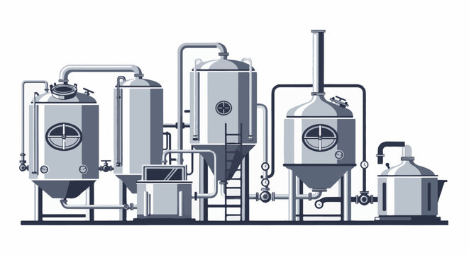 Industrial brewing equipment with tanks, pipes, and stills