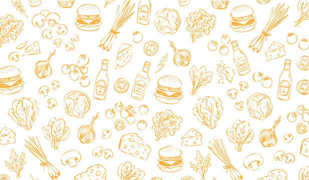 A vibrant illustration of various food items on a including burgers cheese lettuce and condiments, seamless pattern background.