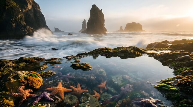 Tide pool filled with colorful starfish and sea anemones at sunset with rocky coastline and ocean waves in the background