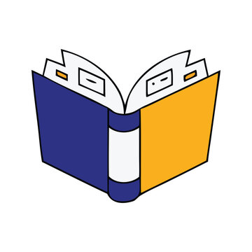 An open book with blue and yellow covers lies on a surface with pages showing text