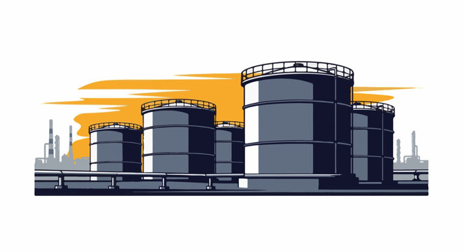Industrial storage tanks under a hazy orange sky