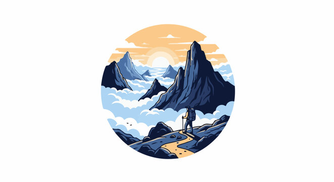 Hiker atop a mountain path, gazing at a sunlit cloudscape of peaks