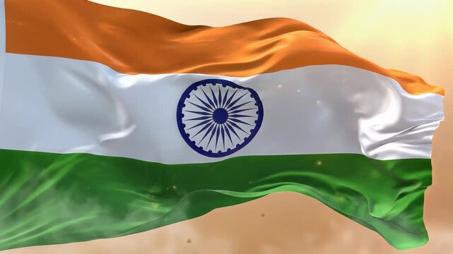 Indian national flag waving gracefully against a golden background