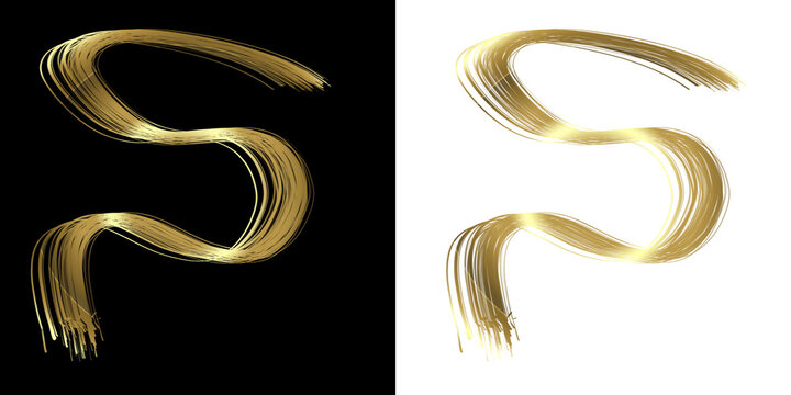 Golden brush stroke letter s, metallic texture typography on black and white backgrounds isolated on a transparent background