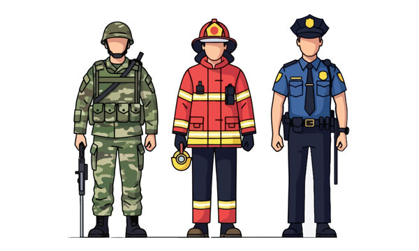 Soldier Firefighter and Police Officer Emergency Service Illustration