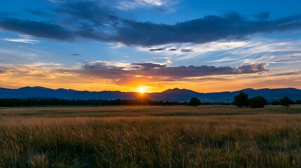 Obraz premium Awesome photo of golden sunset over a vast field of dry grass with mountains in the background.