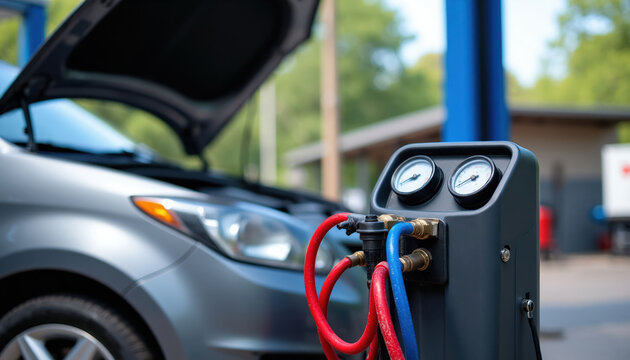 Car AC service with diagnostic machine and gauges. Mechanic checks vehicle cooling system for repair. Auto technician refills refrigerant gas for car comfort.