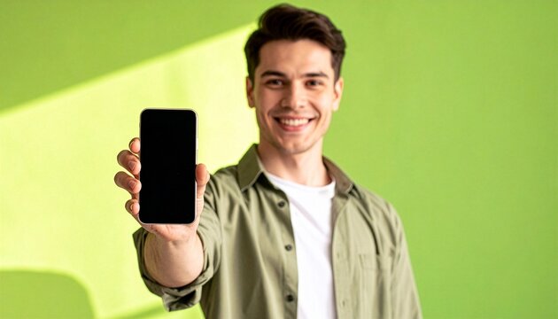 A man proudly displays a smartphone with a blank screen, set against a vibrant green background with soft shadows, inviting viewers to imagine its potential.