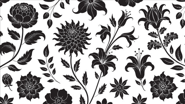 Vintage Chintz Seamless Floral Pattern Black and White Botanical Vector Background
