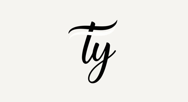 Elegant handwritten script letters 'ty' with a subtle shadow effect on a pale background